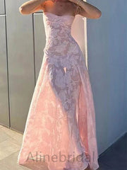 Sexy Sleeveless Floral Appliques Pink Spaghetti Straps A-line Long Prom Dress, Evening Dress, PD3751