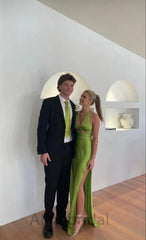 Green Halter V-neck Side Slit Sleeveless Sheath Long Prom Dress, PD3746