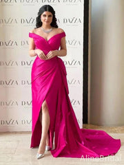 Simple V-neck Off-Shoulder Split Side Pink Mermaid Prom Dress, PD37880