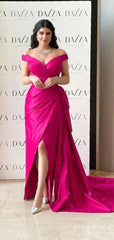 Simple V-neck Off-Shoulder Split Side Pink Mermaid Prom Dress, PD37880