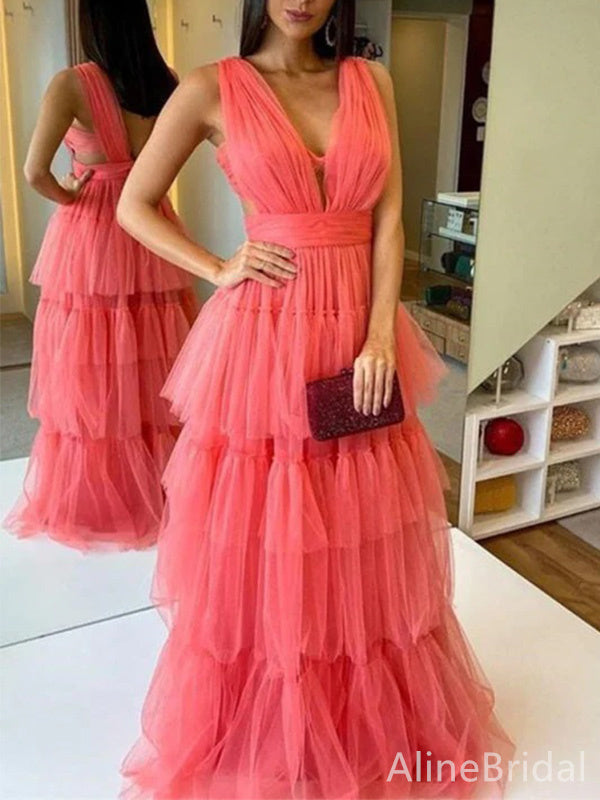 Stunning Pink Tulle V-neck A-line Long Ruffled Tiered Prom Dress, PD37883