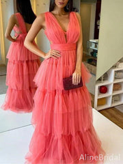 Stunning Pink Tulle V-neck A-line Long Ruffled Tiered Prom Dress, PD37883
