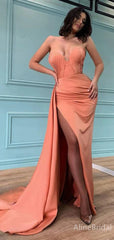 Elegant Peach Satin Pleated Mermaid Prom Dress- Corset Gown with Draped Train, PD37884