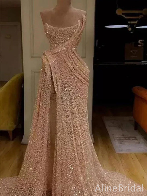Sparkly Sequins Strapless Side Slit Pale Pink A-line Long Prom Dress, PD37885