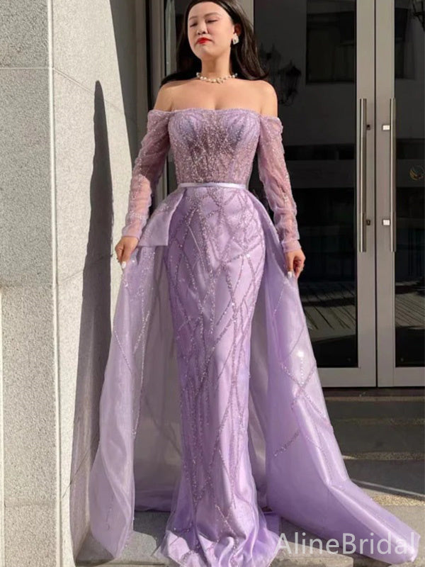 Luxury Lilac Tulle Off Shoulder Long Sleeve Prom Dress-Fairy Cape A-Line Evening Gown, PD37890