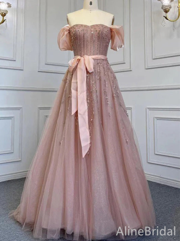 Elegant Dusty PinkA-line Long Prom Dress-Bow Tie Strapless Tulle Evening Dress, PD37891
