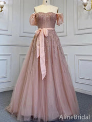 Elegant Dusty PinkA-line Long Prom Dress-Bow Tie Strapless Tulle Evening Dress, PD37891