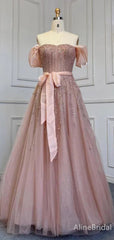 Elegant Dusty PinkA-line Long Prom Dress-Bow Tie Strapless Tulle Evening Dress, PD37891