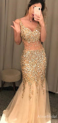 Sparkly Gold Tulle Sequins V-neck Backless Mermaid Prom Dress, Evening Gown, PD37900