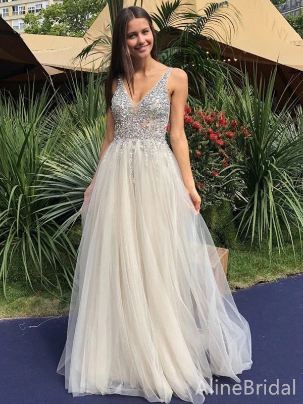 Sparkly Ivory Tulle V-neck Backless A-line Long Prom Dress, Beaded Evening Dress, PD37901