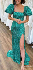 Sparkly Green Sequins Square Neck A-line Long Prom Dress with Slit& Sleeves, PD37908