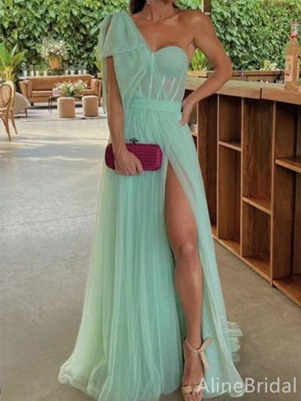 Unique One Shoulder Mint Green A-line Tulle Prom Dress with Slit, PD37909