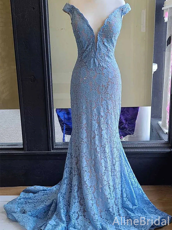 Sparkly Light Blue Lace Mermaid Prom Dress - Cap Sleeve V-Neck Evening Gown with Appliques, PD37914