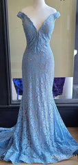 Sparkly Light Blue Lace Mermaid Prom Dress - Cap Sleeve V-Neck Evening Gown with Appliques, PD37914