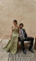 Sage Spaghetti Straps V-neck Sleeveless A-line Long Prom Dress, PD3753