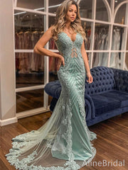 Elegant Mint Green Lace Mermaid Prom Dress - Vintage Sage Long Evening Gown with Train, PD37927