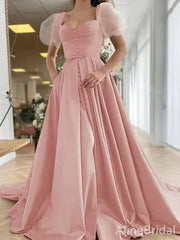 Romantic Dusty Rose A-Line Prom Dress-Puff Sleeves Lace-Up Back Evening Gown, PD37928