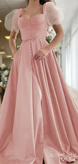 Romantic Dusty Rose A-Line Prom Dress-Puff Sleeves Lace-Up Back Evening Gown, PD37928
