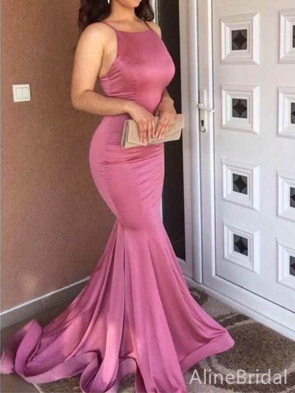 Elegant Rose Pink Spaghetti Strap Mermaid Long Prom Dress with Sweep Train, Evening Dress, PD37950