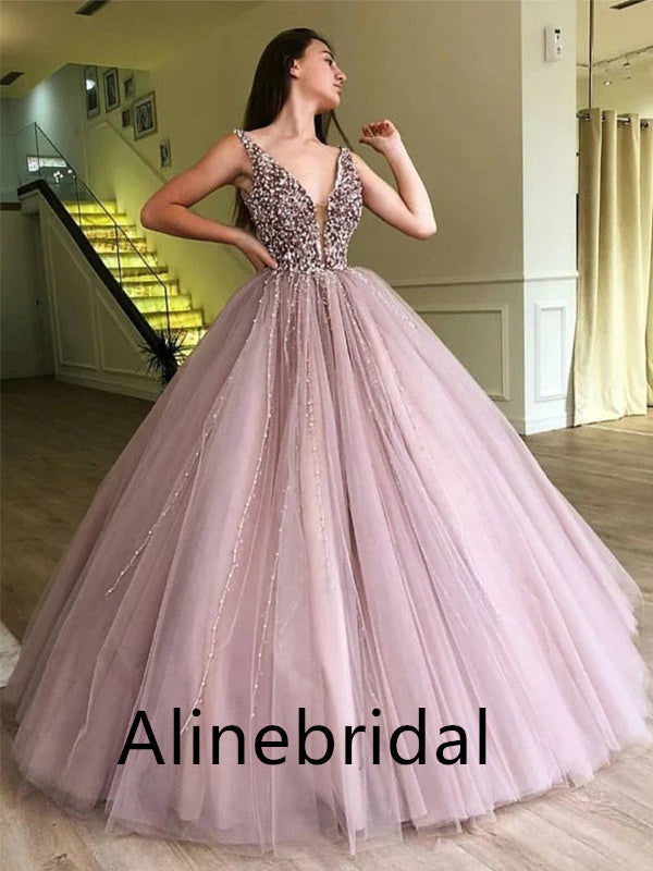 Elegant V-neck Sleeveless A-line Long Prom Dress, PD3522