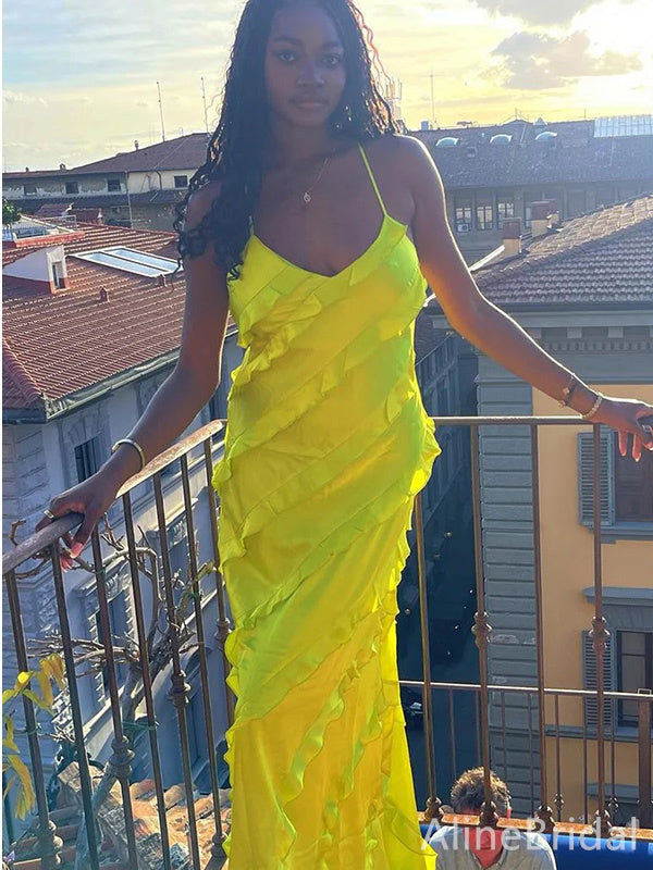 Sexy Yellow V-neck Spaghetti Strap Ruffles Mermaid Long Prom Dress, PD37972
