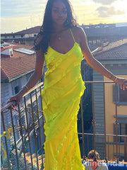 Sexy Yellow V-neck Spaghetti Strap Ruffles Mermaid Long Prom Dress, PD37972