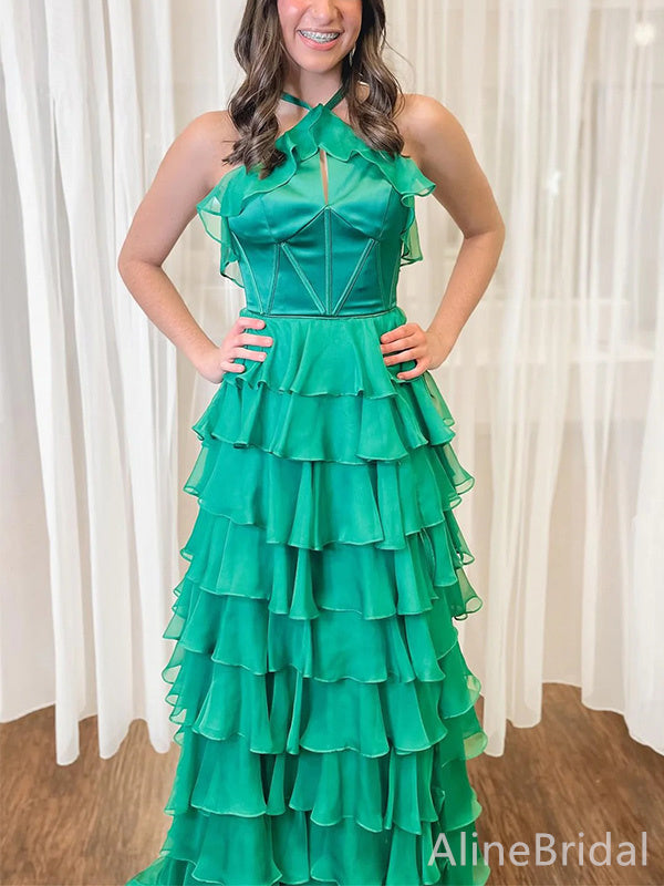 Unique Emerald Green Halter Tiered Ruffled Prom Dress-Low Back A-line Long Evening Dress, PD37975