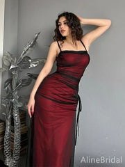 Sexy Burgundy Spaghetti Strap Mermaid Long Tulle Prom Dress, Evening Dress, PD37989