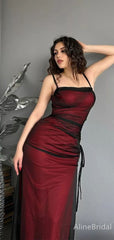 Sexy Burgundy Spaghetti Strap Mermaid Long Tulle Prom Dress, Evening Dress, PD37989