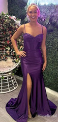 Elegant Purple Backless Corset Mermaid Long Prom Dress with Slit, PD38011