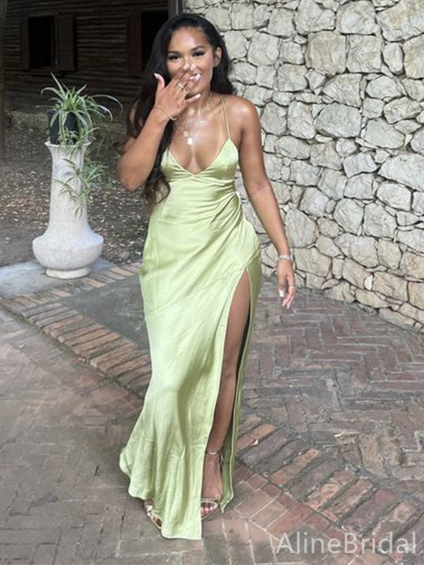 Sexy V-neck Sage Green Side Slit Mermaid Long Prom Dress, PD37999
