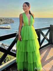 Sexy V-neck Green A-line Long Tiered Tulle Prom Dress, PD37996
