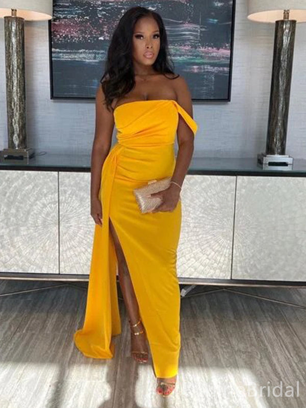 Sexy Strapless Yellow Side Slit Mermaid Long Prom Dress, Evening Dress, PD38031