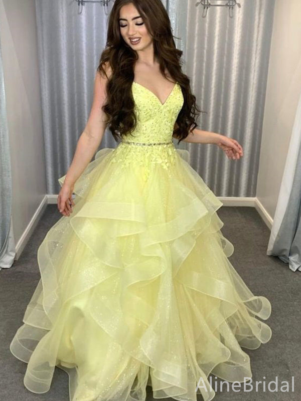 Elegant Yellow Tulle V-neck A-line Long Prom Dress, PD38041