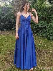 Elegant V-neck Lace-Up Back Blue A-line Long Prom Dress, PD38042