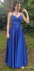 Elegant V-neck Lace-Up Back Blue A-line Long Prom Dress, PD38042