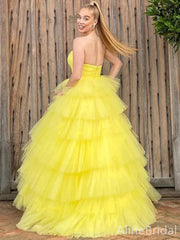 Gorgeous Strapless A-line Yellow Tulle Long Prom Dress, Evening Dress, PD38060