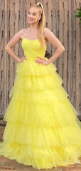 Gorgeous Strapless A-line Yellow Tulle Long Prom Dress, Evening Dress, PD38060