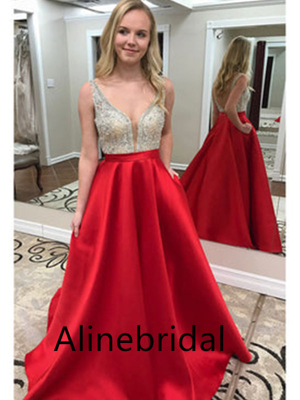 Elegant Red V-neck Sleeveless A-line Long Prom Dress, PD3523