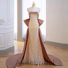 Sparkly Champagne Strapless Sleeveless Sheath Long Prom Dress, PD3574