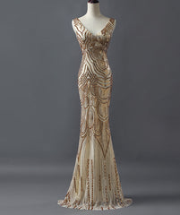 Fashion Charming Sparkly Golden Sequins Mermaid V-neck Formal Evening Party Prom Dresses,PD00026