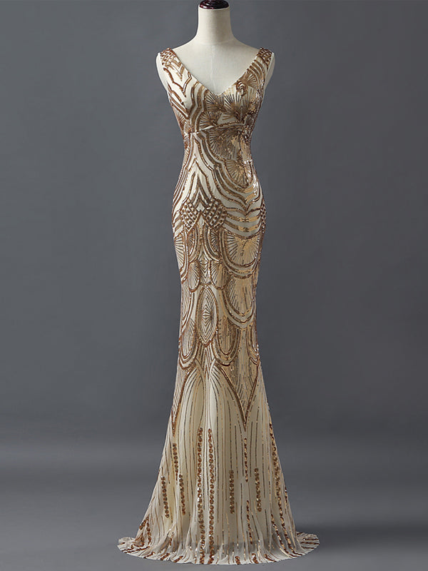 Fashion Charming Sparkly Golden Sequins Mermaid V-neck Formal Evening Party Prom Dresses,PD00026