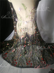 Green Satin Floral Embroidery Spaghetti Strap A-line Prom Dresses,PD00351