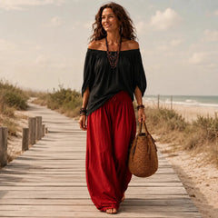 Off-Shoulder Boho Top and Lantern Pants Set for Women