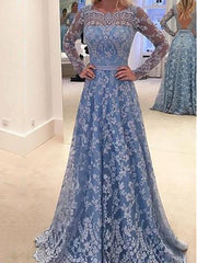 Long Sleeve Blue Lace A-line Open Back Cocktail Evening Party Prom Dresses Online,PD0182
