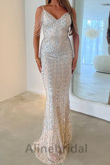 Sexy Silver V-neck Off shoulder Sleeveless Mermaid Long Prom Dress, PD3619