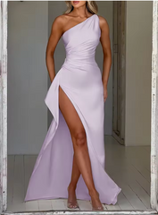 Elegant Reddish - Brown One Shoulder Side Slit Mermaid Long Prom Dress, PD38127