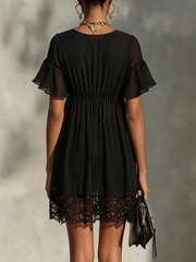 Mini Dress With Lace Trim Zipper Closure