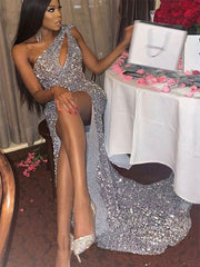 Sparkly Silver One Shoulder Sleeveless Side Slit Mermaid Floor Length Prom Dress, PD3660