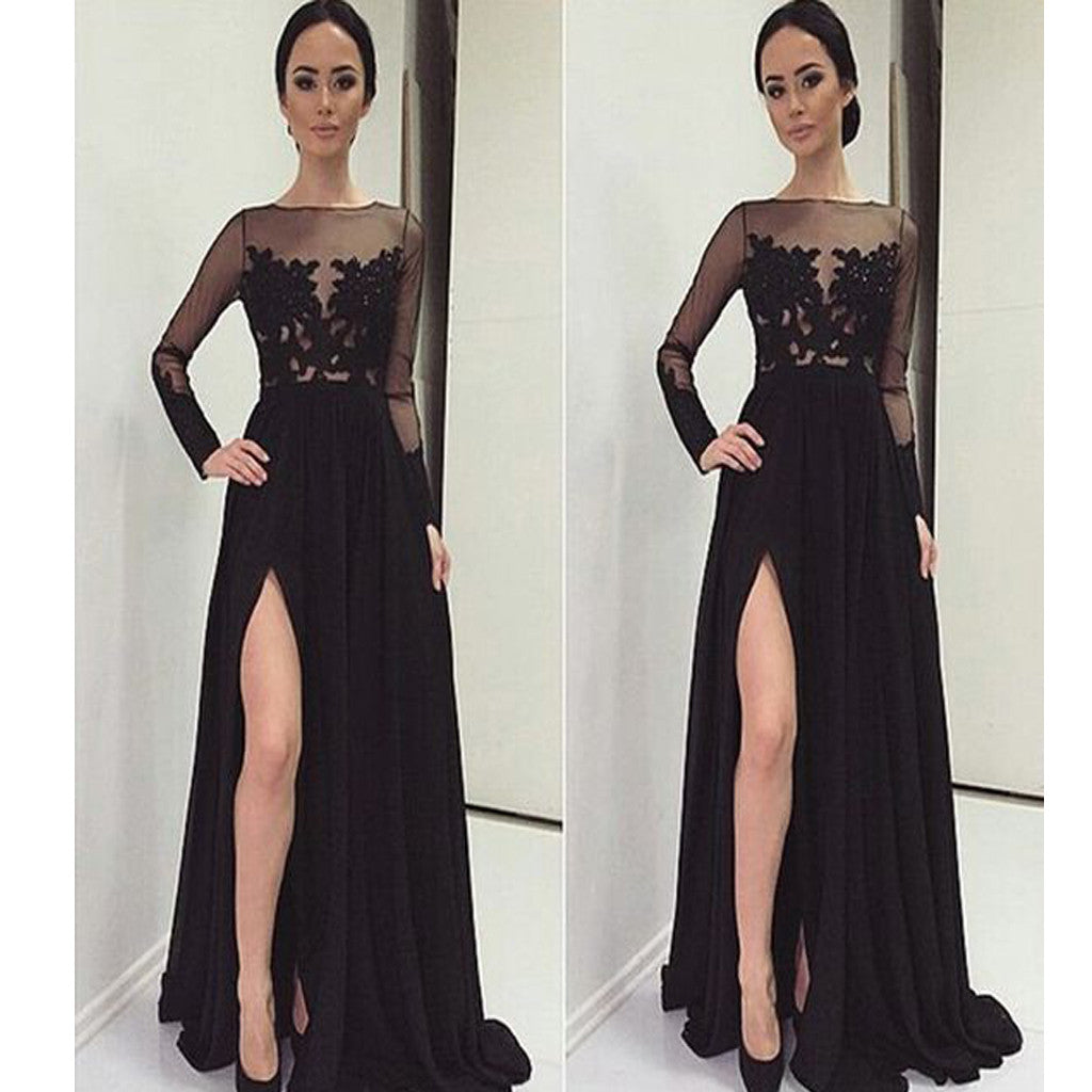 Long Sleeve Black With Slip Side Sexy Appliques Charming Evening Dress For Prom Gown. PD0210